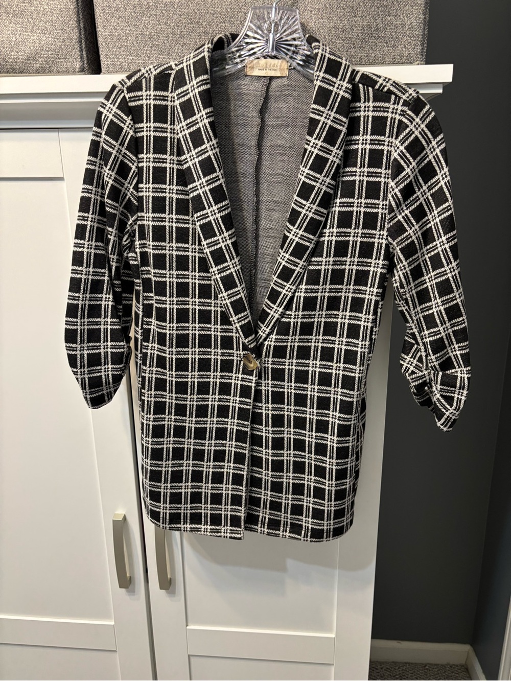 Altar'd State Black & White Plaid Blazer Single Button Ruched Sleeves XS USA EUC